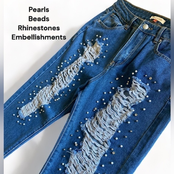 High Waist Ripped Rhinestone Pearl & Silver Ball Embellished Straight Leg Jean… - Picture 7 of 10